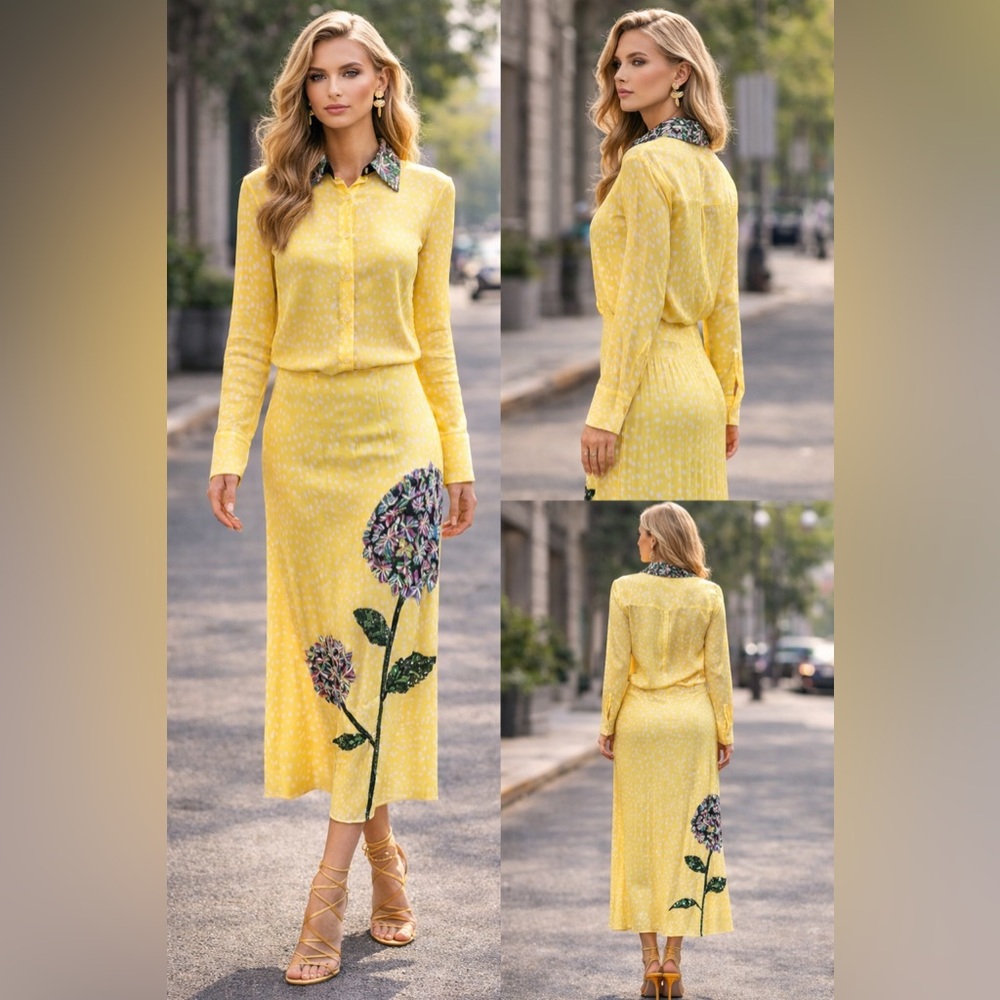 LA FUORI Yellow Sequin Dot Blouse and Skirt Set NWT